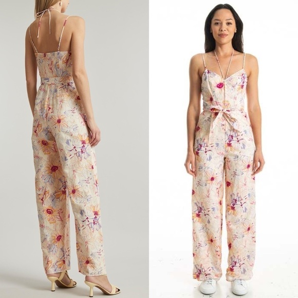 PAIGE X LIBERTY Floral Linen Sleeveless Belted Tie Neck Wide Leg Jumpsuit 4 - Picture 5 of 13